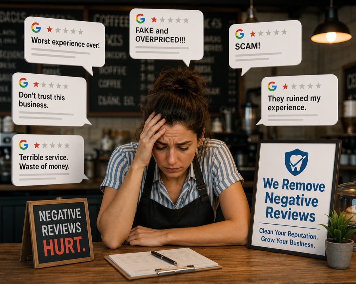 A business owner overwhelmed by negative online reviews